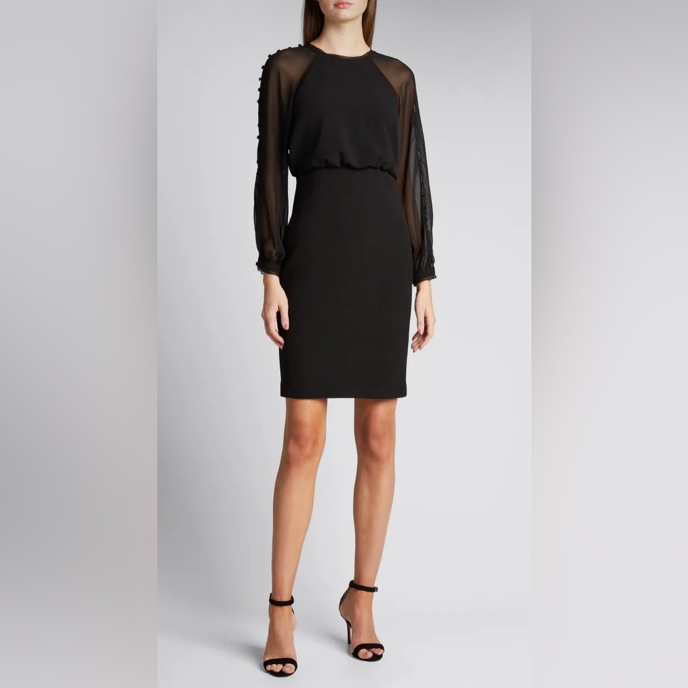 Badgley Mischka Blouson Button-Sleeve Dress Sheer Back Keyhole Black Womens 8